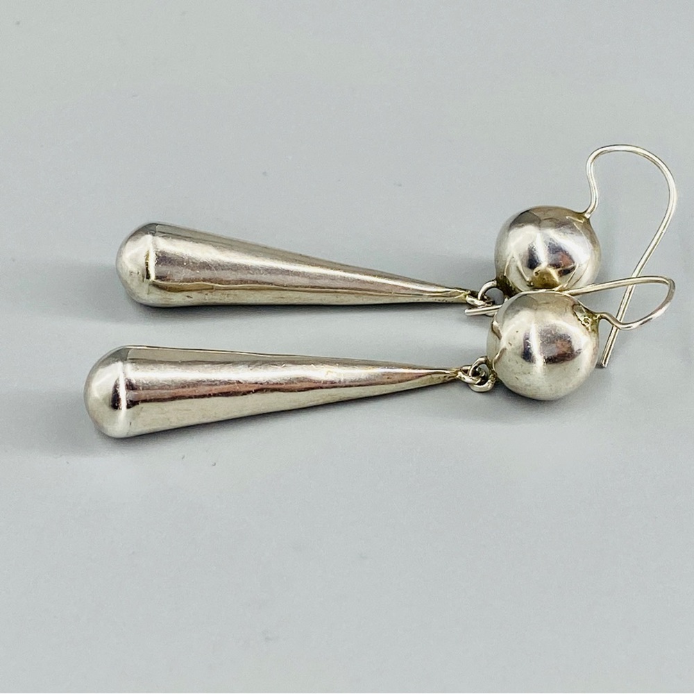 Vintage Sterling Silver Hollow Puff Ball & Teardrop Earrings Handmade - Picture 6 of 15